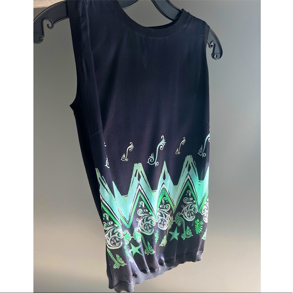Versace black silk tank with green patterning